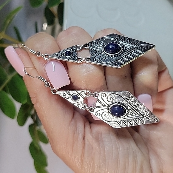 Jewelry - Lapis Geometric Aztec Scrolled Hinge Dangle Earrings